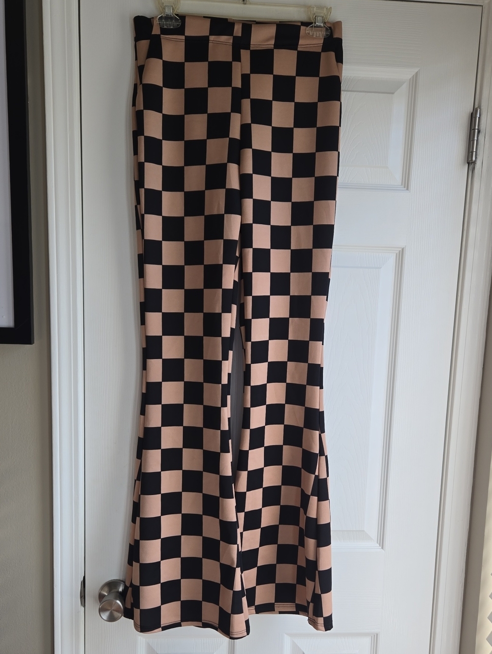 Black and Beige Checkered Boot Cut Pants